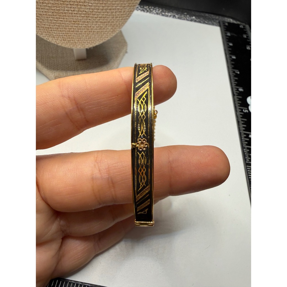 Vintage Spanish Damascene Bangle Bracelet Gold Black Enamel Toledo Style Hinged